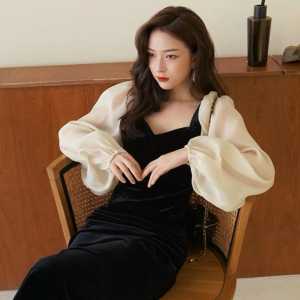 Autumn New Korean Style Gold Velvet Dress Square Neck Puff Sleeve Plus Size Slimming Long Dress