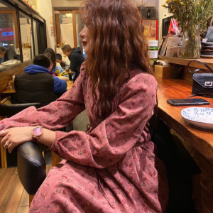 Plus Size Corduroy Floral Rose Long Dress Autumn Sweet Pleated Dress