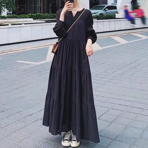Autumn New Japanese Korean Style Ins Women's Flared Dress Lantern Long Sleeve Hepburn Style Long Dress