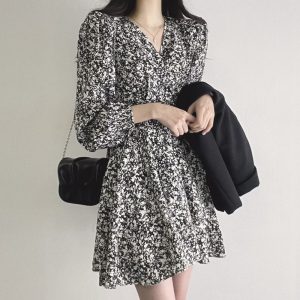 Plus Size Floral V-Neck Long Sleeve Midi Dress for Women Autumn Commute