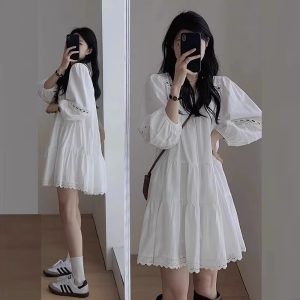 Plus Size White Cutout Dress Ethnic New Chinese Style Slimming Short Dress Autumn