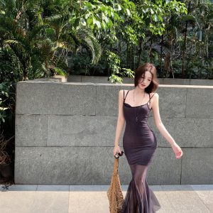 Gradient Mesh Cami Mermaid Dress High Waist Bodycon Two Piece Set
