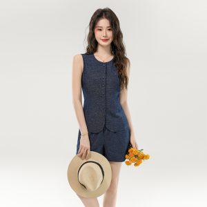 Retro Washed Denim Two-Piece Set Sleeveless Vest Cardigan and Shorts
