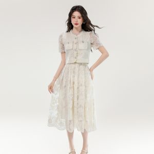 2025 Summer Short Sleeve Two-Piece Dress Set with Water-Soluble Lace 7089