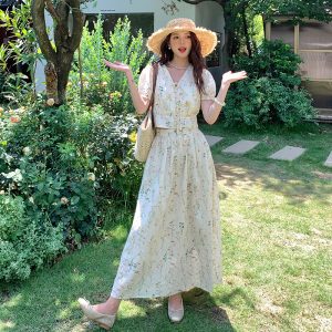 Embroidered Fragrance Style Two-Piece Set Women 2025 Short Sleeve Top Floral Long Skirt