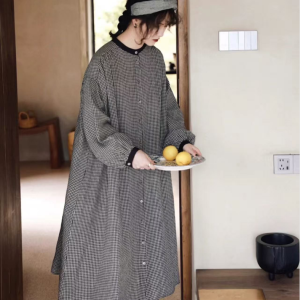 Autumn New Plus Size Women Doll Dress Mori Style Pleated Plaid Dress Literary Mori Girl Button Front Dress