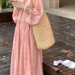 Plus Size Women's Pink Cotton Linen V-Neck Lace-Up Long Sleeve A-Line Dress