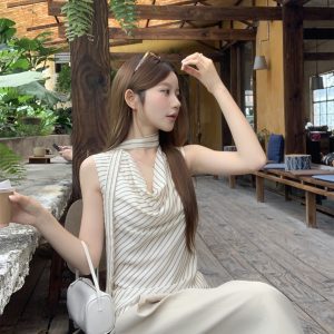 French Style Striped Chiffon Sleeveless Top
