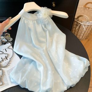 Women's 3D Floral Halter Sleeveless Cami Top 2026 Summer Pleated Loose Slimming Blouse