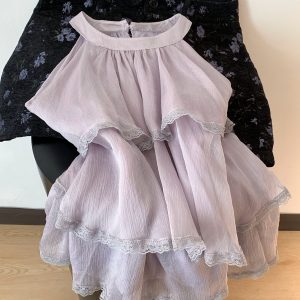 Purple Lace Halter Top Women Summer French Chiffon Blouse