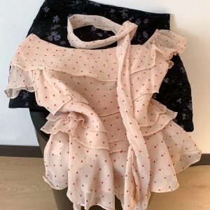 Women's Summer Off-Shoulder Polka Dot Ruffle Blouse with Halter Neck and Ribbon