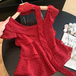 Red Polka Dot Halter Short Sleeve Chiffon Blouse for Women Summer French Style Doll Top