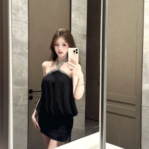 French Halter Neck Bodycon Dress Sleeveless Elegant Party Cocktail Dress