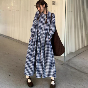 Autumn New Plus Size Women's Japanese Plaid Round Neck Dress Slimming Waist Long Dress