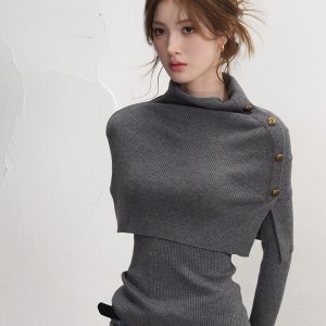 Women's Autumn Winter Asymmetric Cape Knit Two-Piece Set