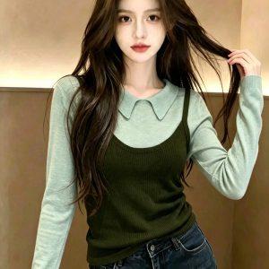 Women's Korean Retro Two-Piece Knit Sweater and Cami Set