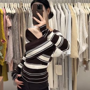 Early Autumn French Cross V-Neck Striped Knit Sweater Off-Shoulder Slim Top for Women