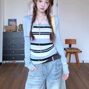 Women's Early Autumn Two-Piece Knit Set Long Sleeve Cover-Up and Striped Cami