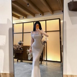 Off-Shoulder Strapless Bodycon Dress Women's Early Autumn New Sexy Waist-Cinching Long Dress French Date Layering Dress